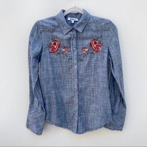William Rast embroidered chambray jean shirt roses bohemian hippie gypsy floral